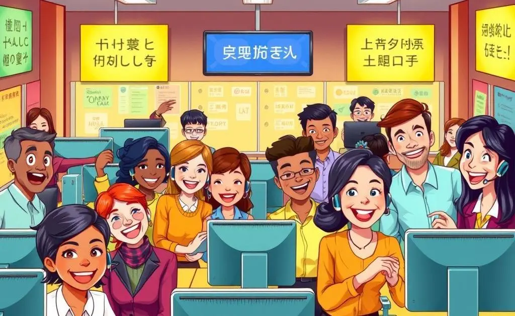 A cartoon-style image of a call center with people representing diverse cultures communicating happily