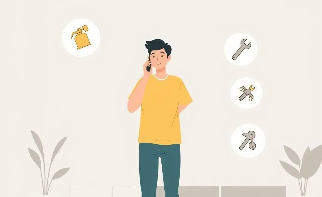 Minimalist illustration of a homeowner calling a professional pest control or plumber service.