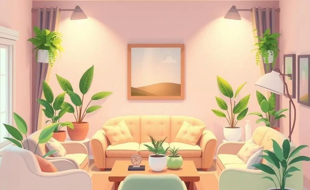 A cartoon-style living room with calming colors, indoor plants, and seating arrangements.