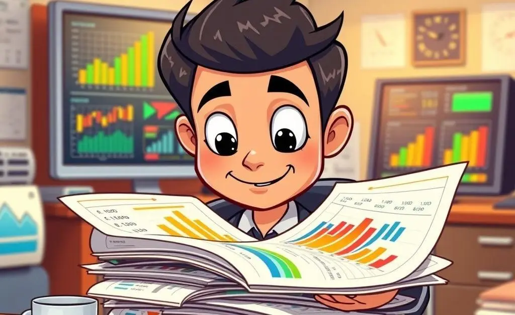 A calm financial analyst reviewing graphs and data sheets.