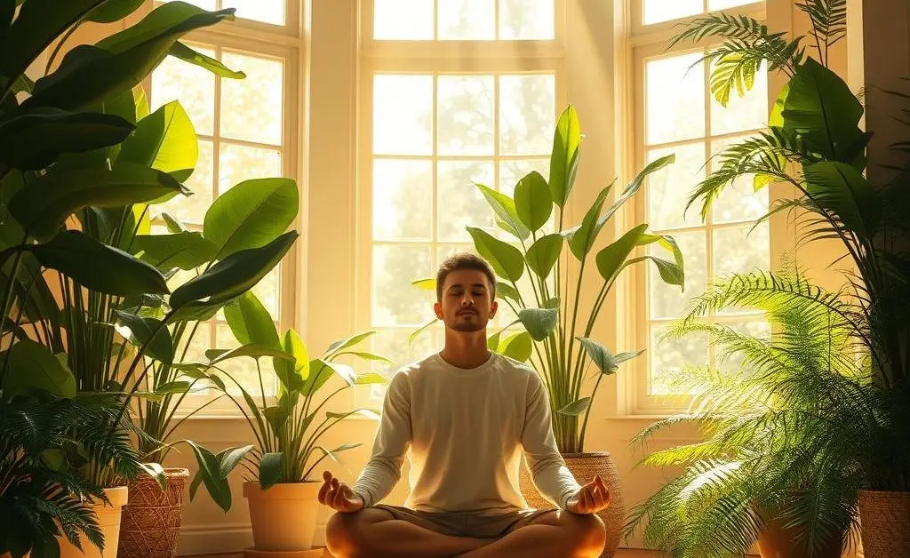 Person meditating in a sunlit room with plants