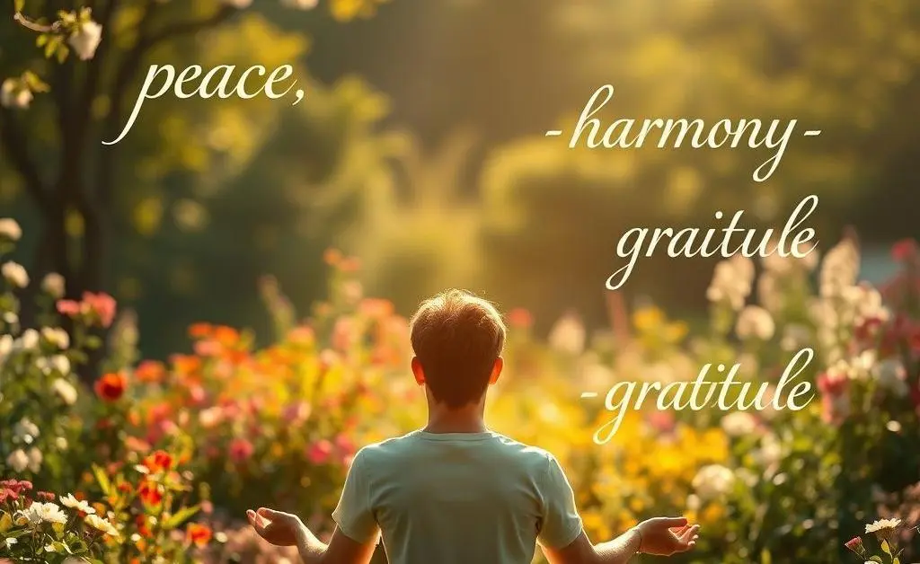 A serene setting with a person meditating, with positive words floating around