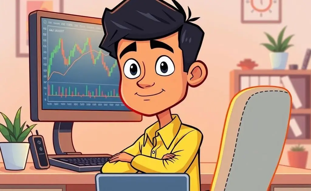 Calm investor seated at a desk with stock charts open on a computer screen