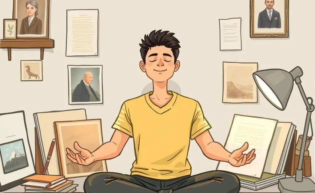 Artistic rendering of a person meditating at a desk filled with portfolio pieces, looking peaceful and content