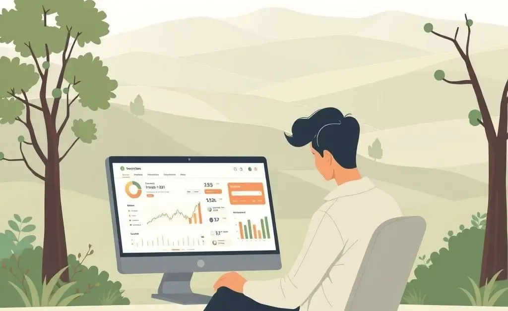 Person calmly looking at their investment portfolio on a computer screen, with nature in the background.
