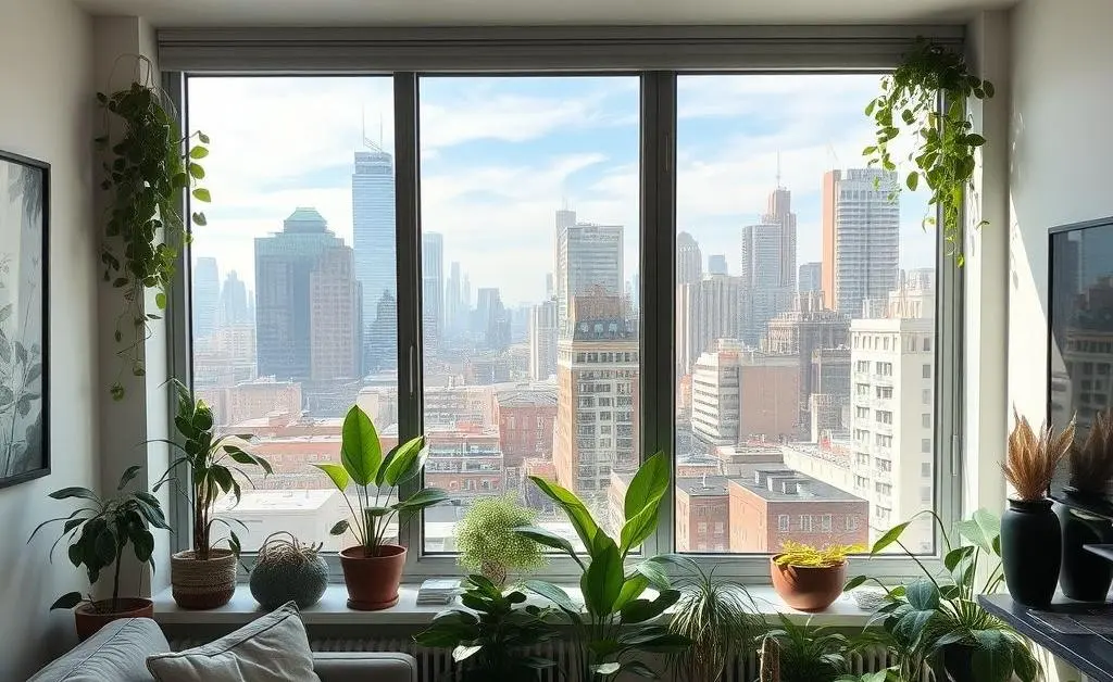 A cozy city apartment with plants and large windows overlooking the city.