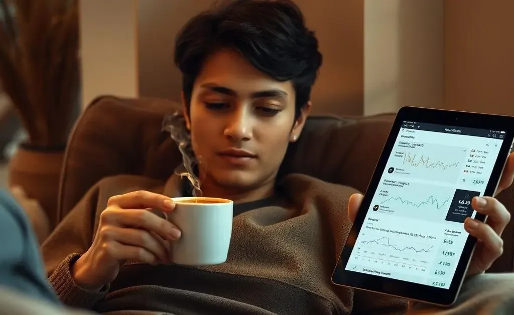A serene scene showing a person relaxing with a cup of coffee, financial news on a tablet
