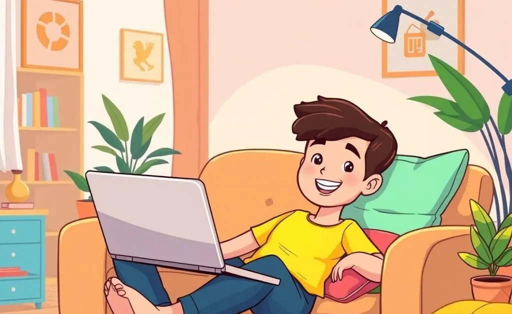 Relaxed person using a laptop to search for auto insurance options.
