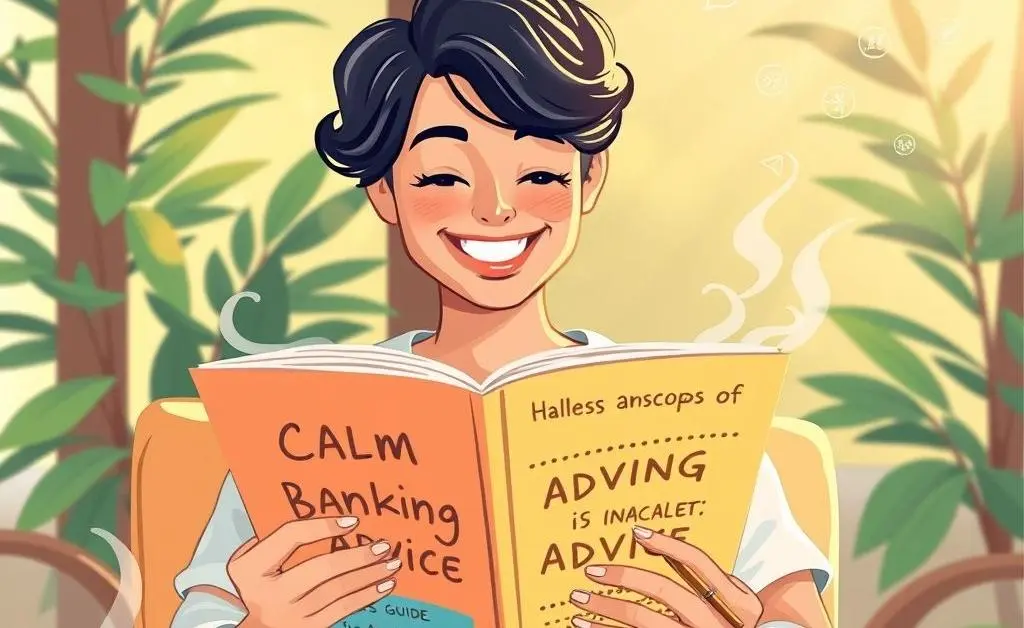 Someone happily consulting a guidebook titled 'Calm Banking Advice'.