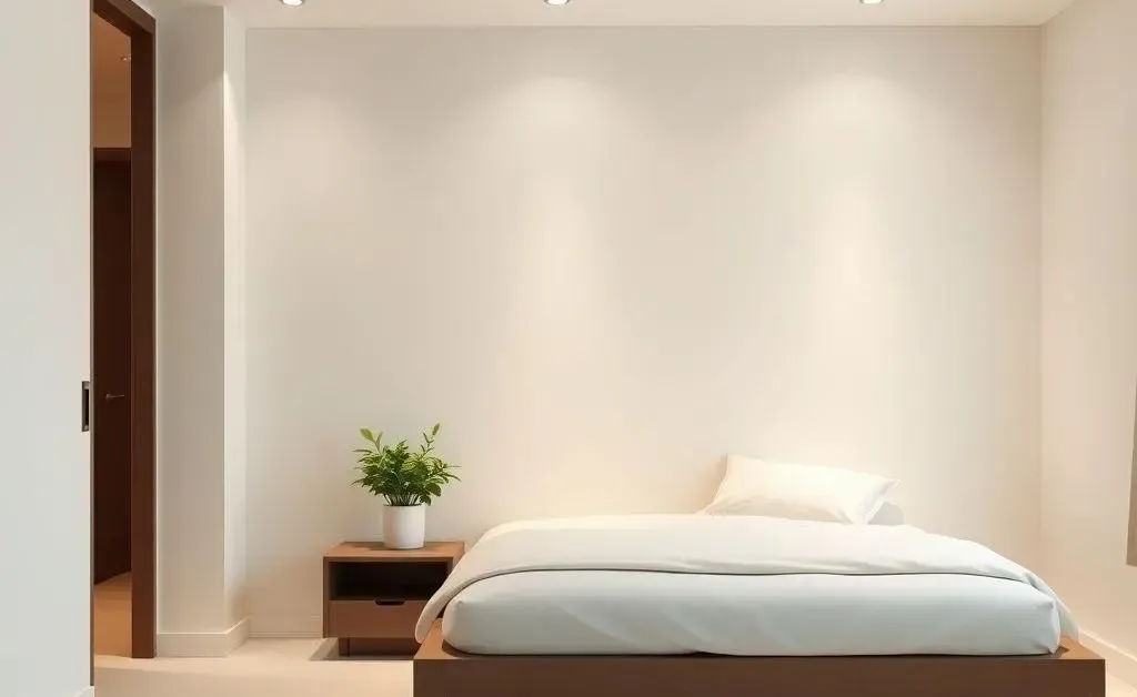 A minimalist bedroom with clean lines, a plant on the nightstand, and soft lighting.