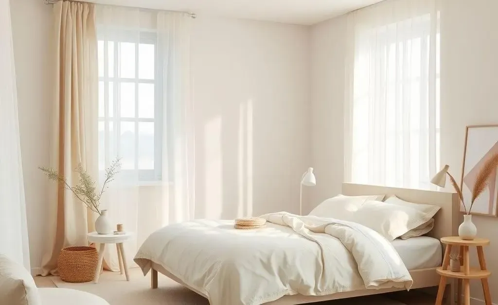 A calm and minimalist bedroom layout with soft colors and natural textures