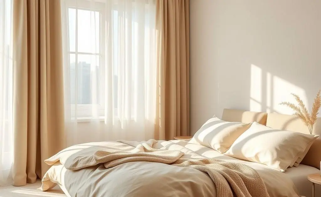 A serene bedroom with neutral tones and soft textures