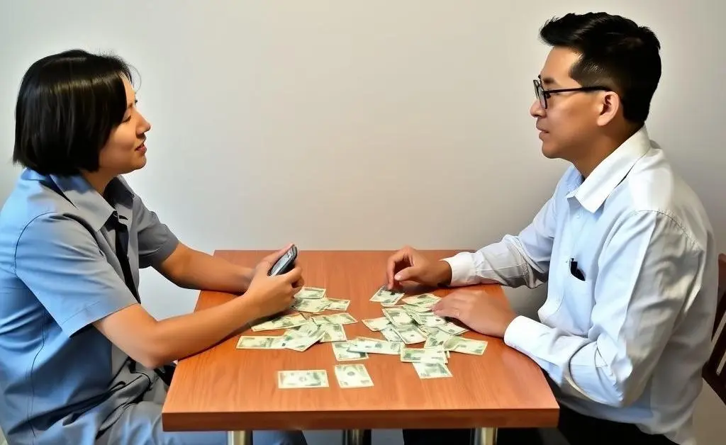 Two people calmly discussing bills