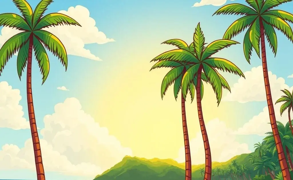 A calm Brazilian coastline with palm trees and the sun shining brightly.