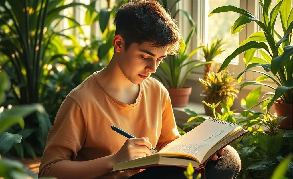 A person calmly writing in a budget journal surrounded by plants and sunlight.