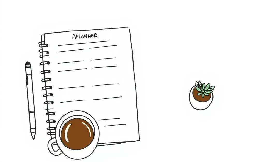 A minimalistic, hand-drawn desk setup with a planner, a cup of coffee, and a small potted plant.
