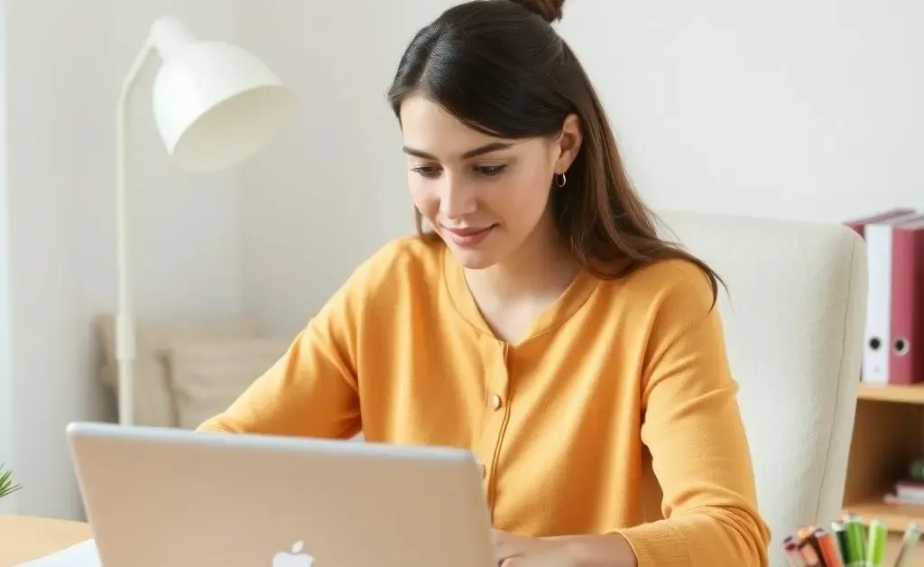 Someone sitting calmly at a desk, organizing and budgeting with a laptop.