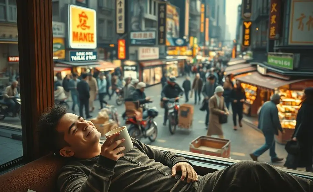 An individual relaxing with a cup of coffee amidst a hectic, bustling scene of paperwork and people moving.