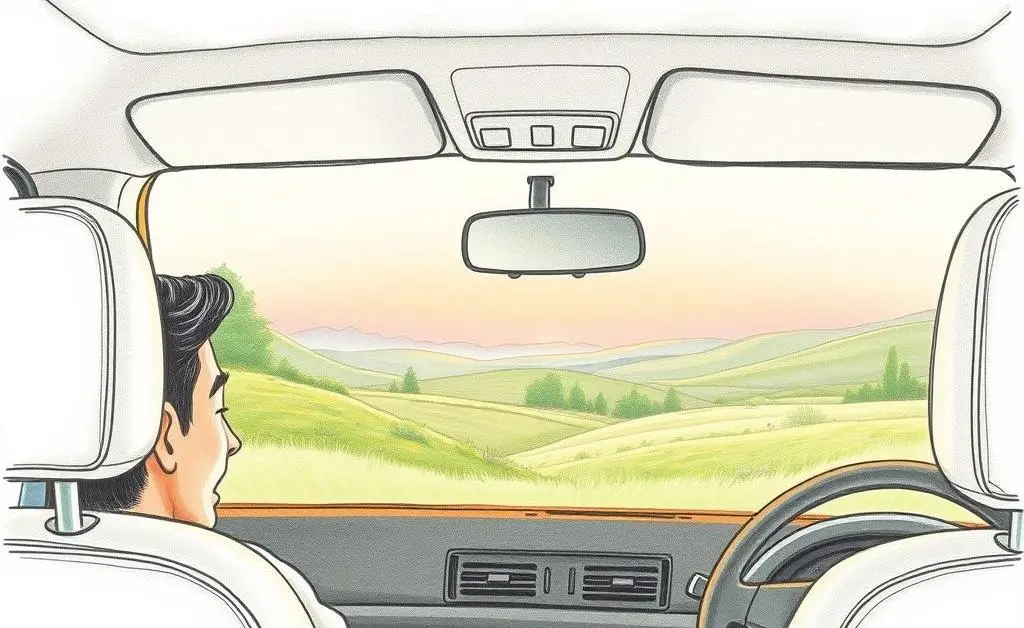 Hand-drawn image of a calm driver sitting in a car with a serene background