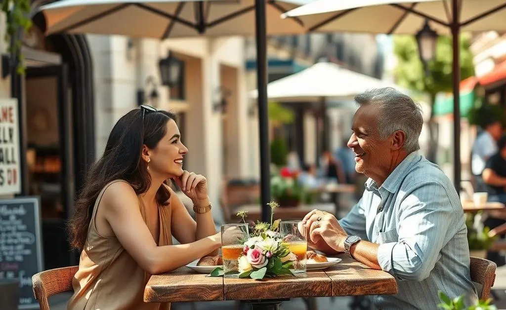 Two people having a relaxed conversation over lunch at a cafe.