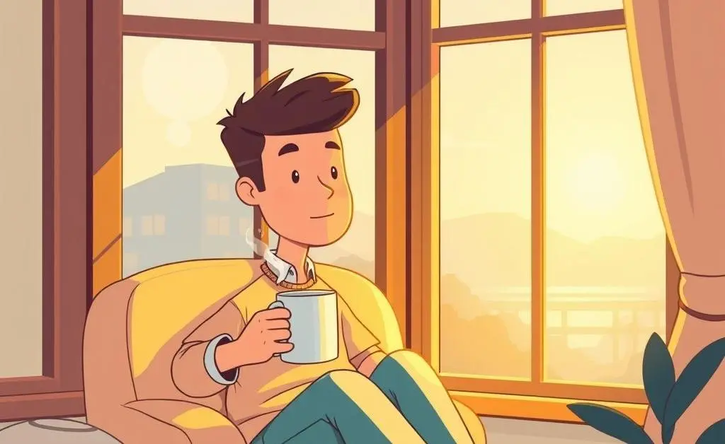 Person sitting by the window with coffee, looking relaxed