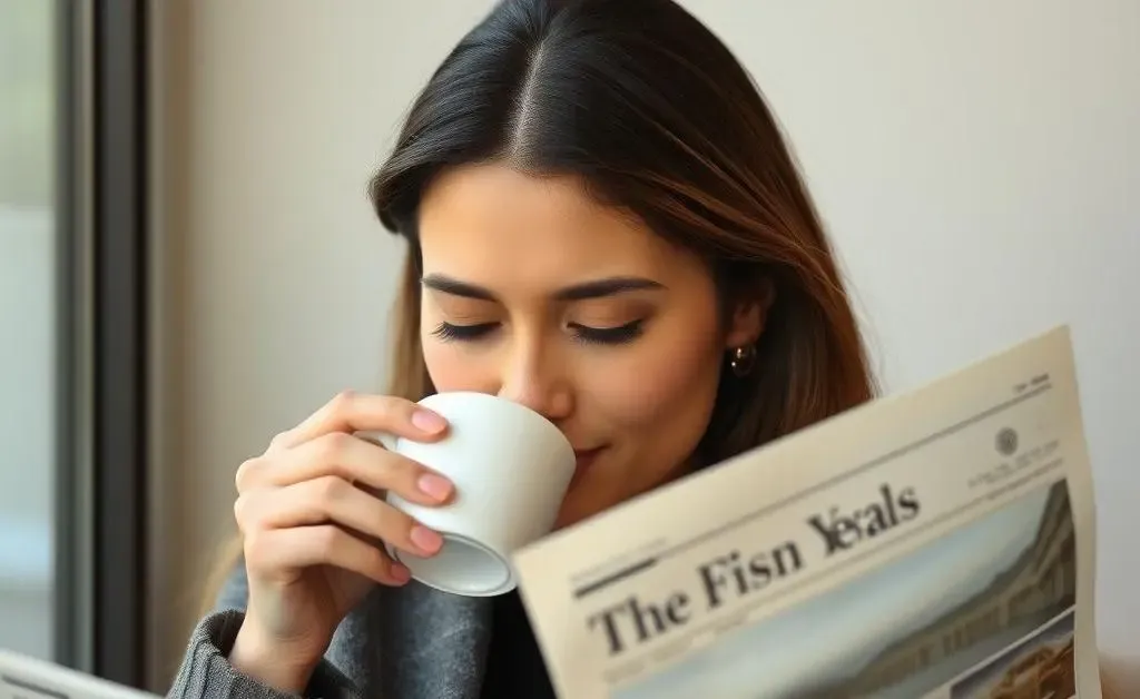 A person thoughtfully enjoying a coffee while reading.