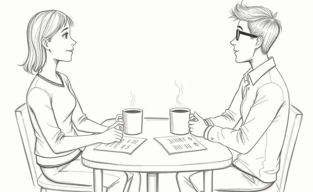 Discussion of insurance documents at a table with coffee cups.