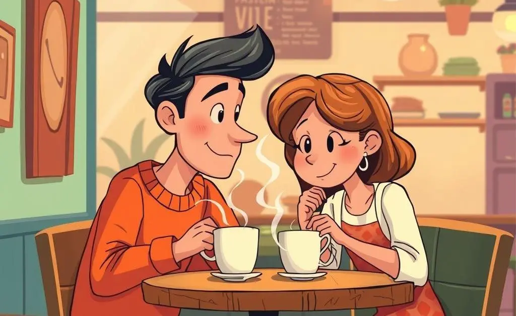 A couple engaged in a thoughtful discussion over coffee