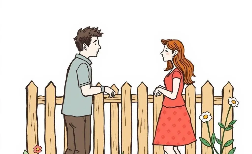 Two people talking calmly over a garden fence.