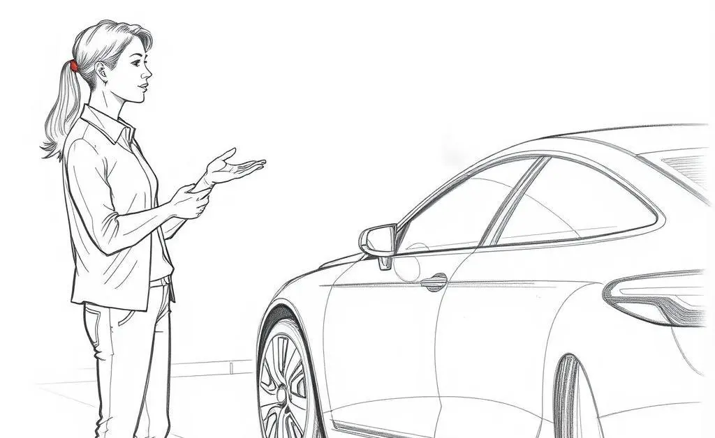 Hand-drawn image of two people talking calmly and gesturing towards a car.