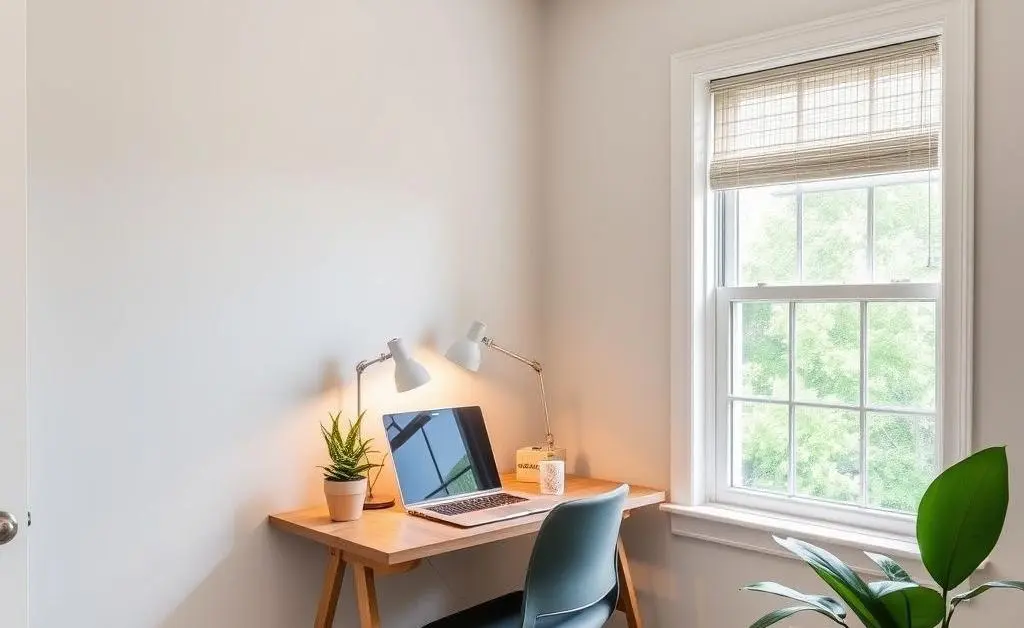 An inviting home office corner with a small desk, potted plant, and a window view.
