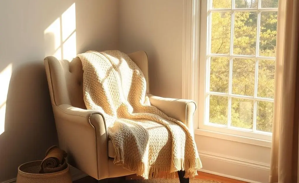 A serene reading nook with soft natural lighting.