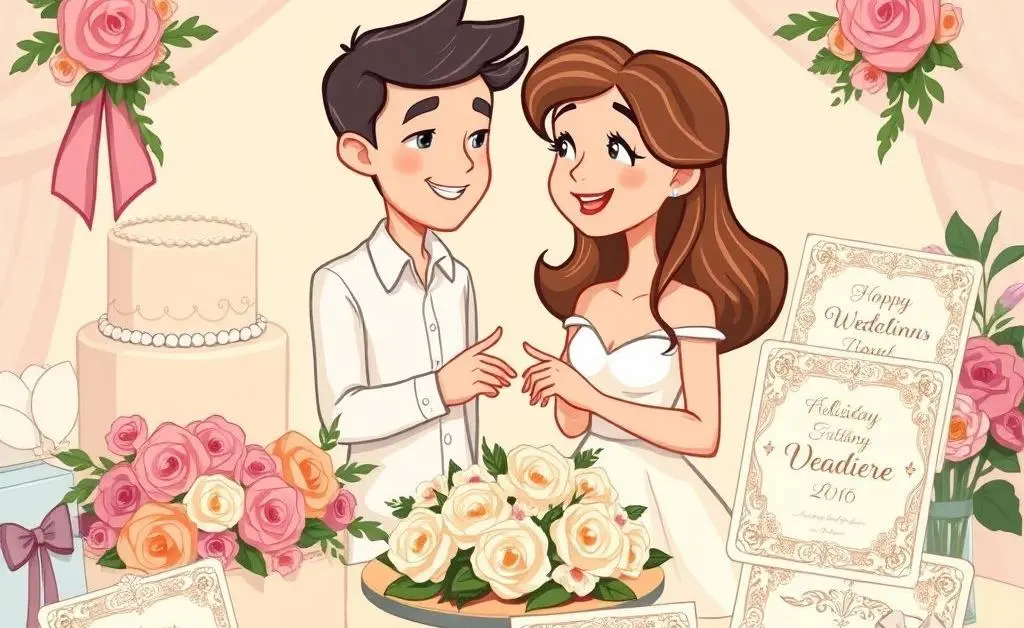 Cartoon-style couple having a calm discussion, surrounded by wedding items like a cake, flowers, and invites.