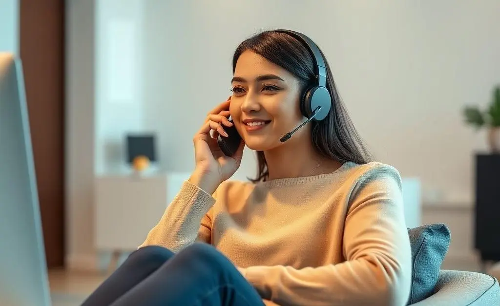 A person calmly talking on the phone, representing a call with customer service