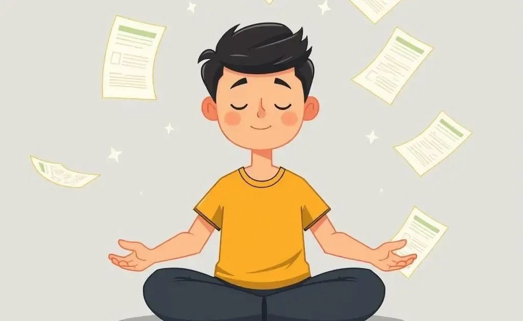 Cartoon person meditating with student loan bills around them.