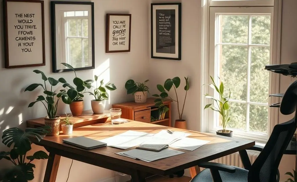 A cozy home office scene with a person thoughtfully reviewing documents, epitomizing clarity in making important decisions.