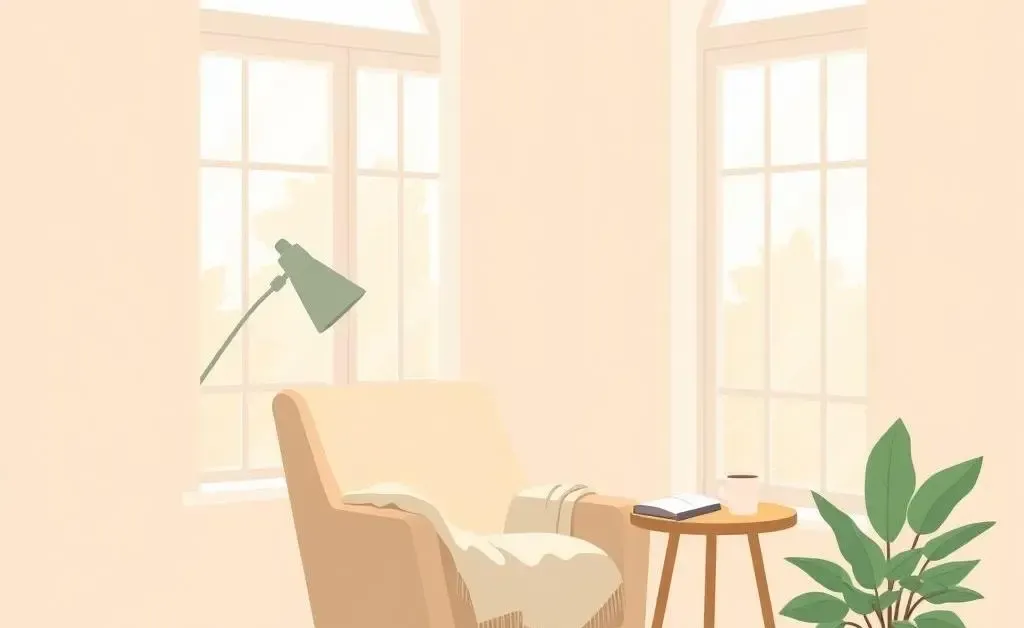 A minimalist illustration of a calming corner in a house where one makes peaceful financial decisions.