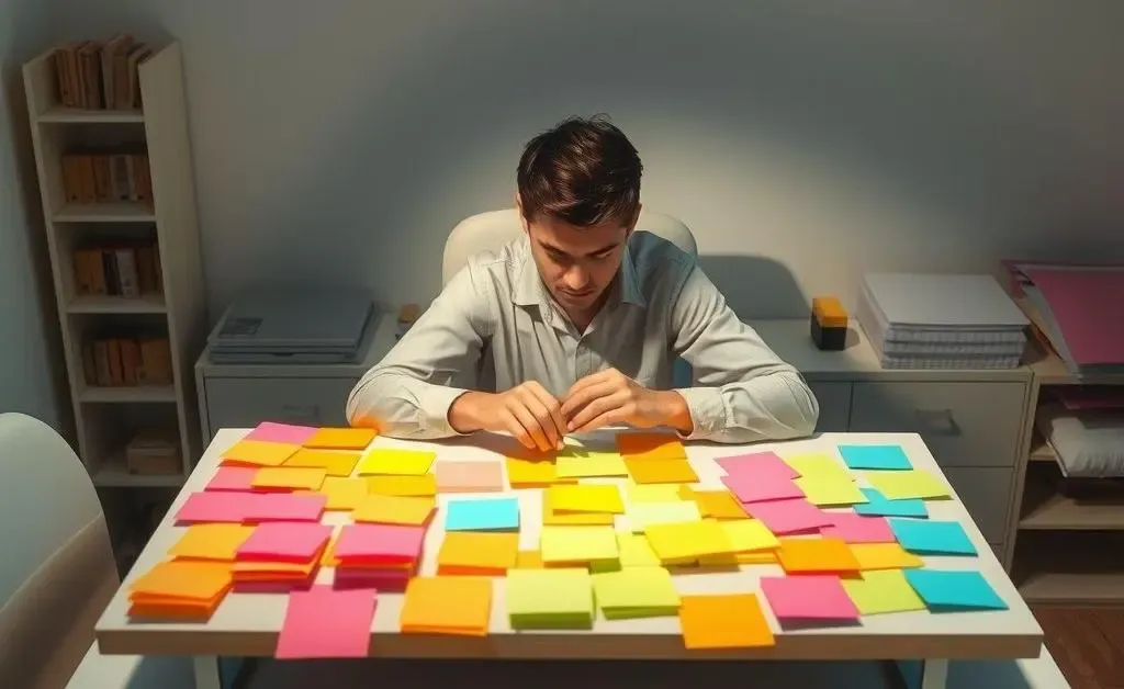 A person at a desk with sticky notes representing different decisions