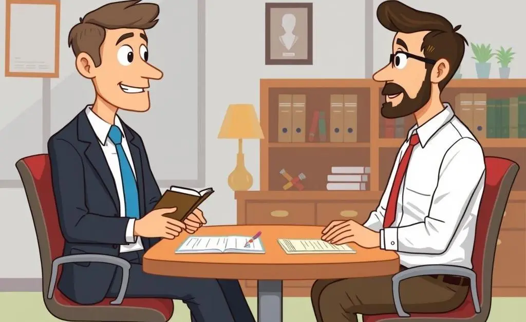 A cartoonish scene of a calm discussion between a lawyer and a client in an office
