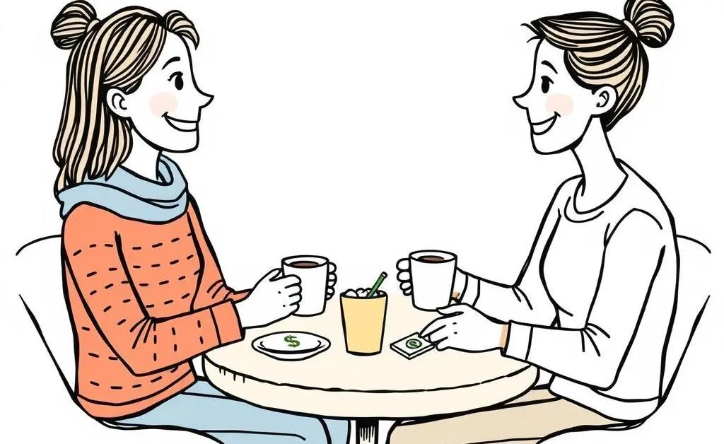 A hand-drawn image of two friends discussing finances over coffee