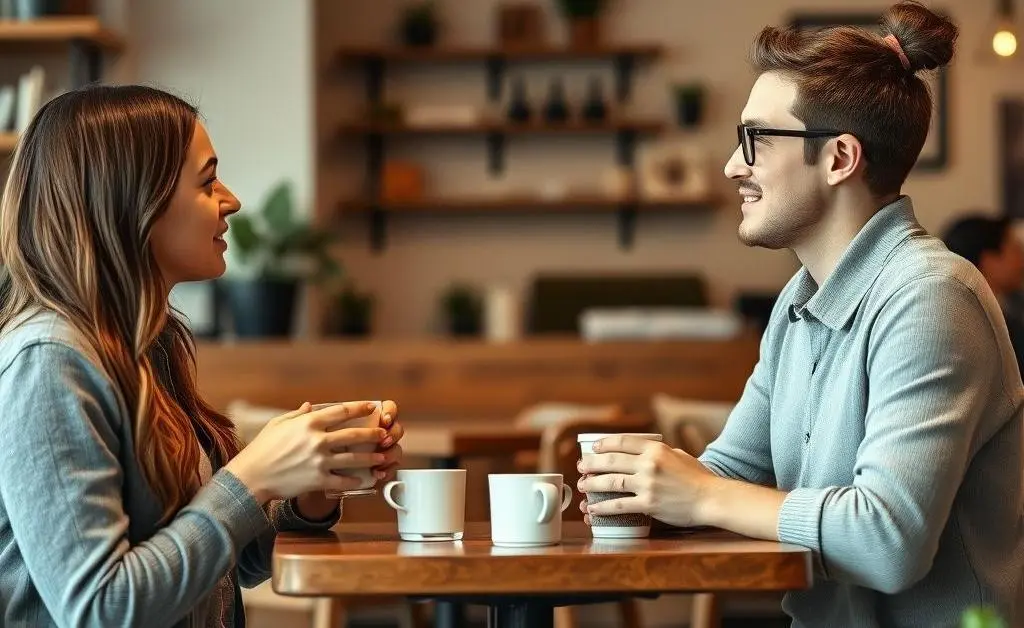Two friends discussing financial plans over coffee in a cozy setting