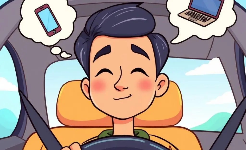 A cartoon-style image showing a calm driver thinking about next steps, with icons of a phone and computer in thought bubbles.