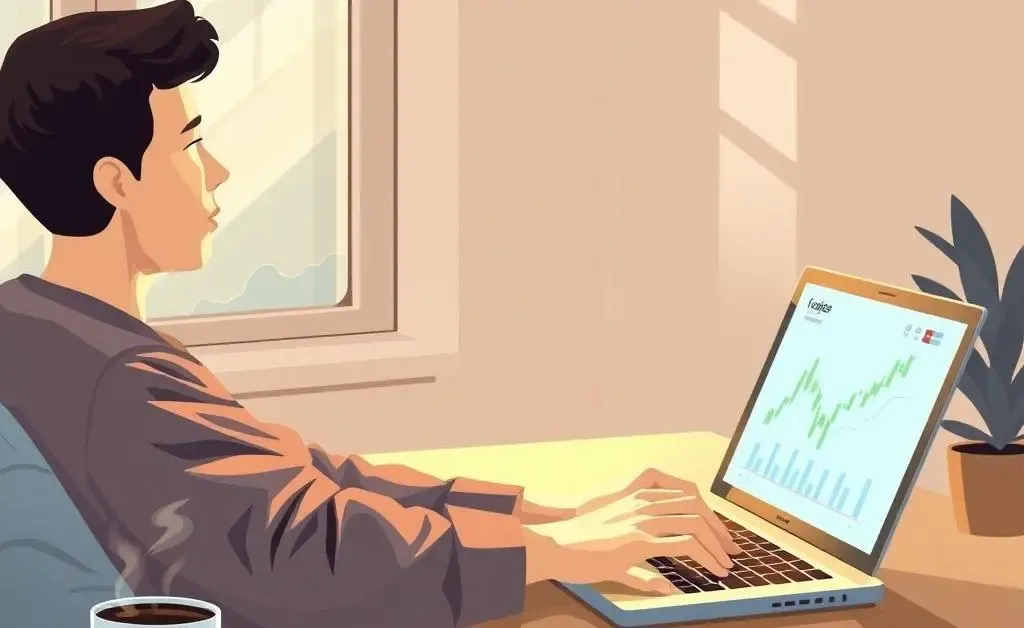 Illustration of a person calmly using a laptop with investing charts and a cup of coffee