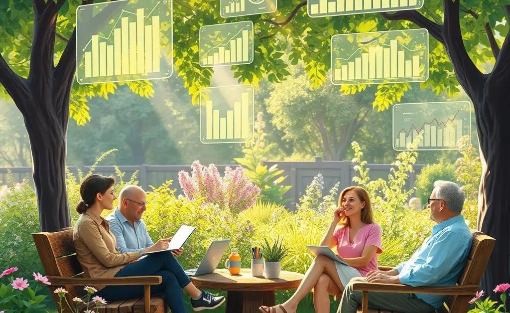Individuals discussing investments in a serene garden setting