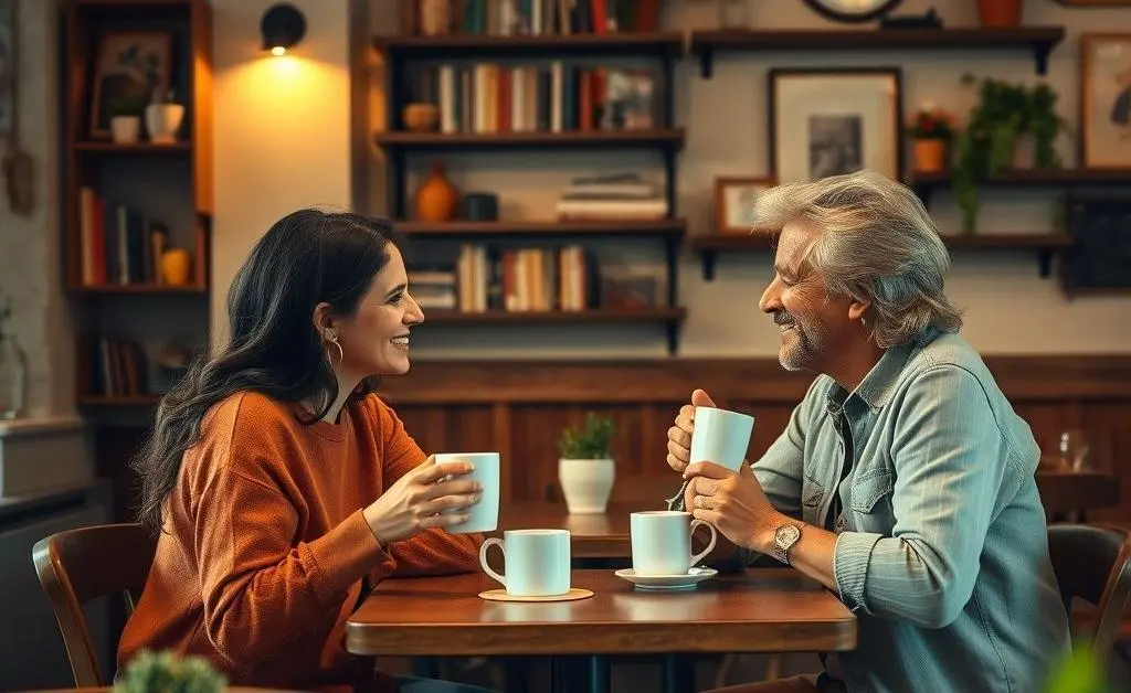 Two friends discussing finances over coffee.