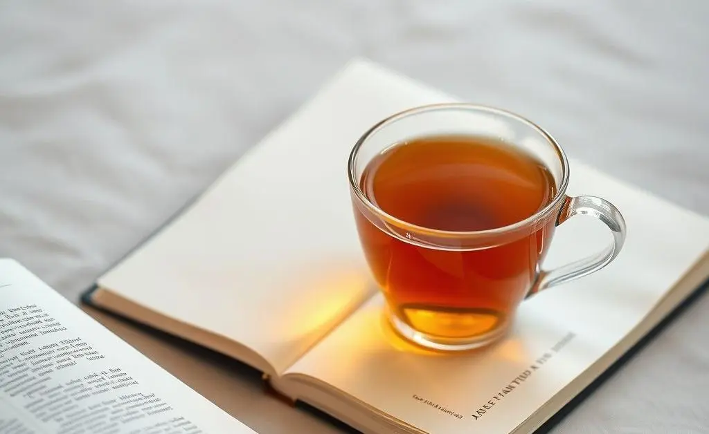 A comforting scene of a steaming cup of tea beside an open journal.