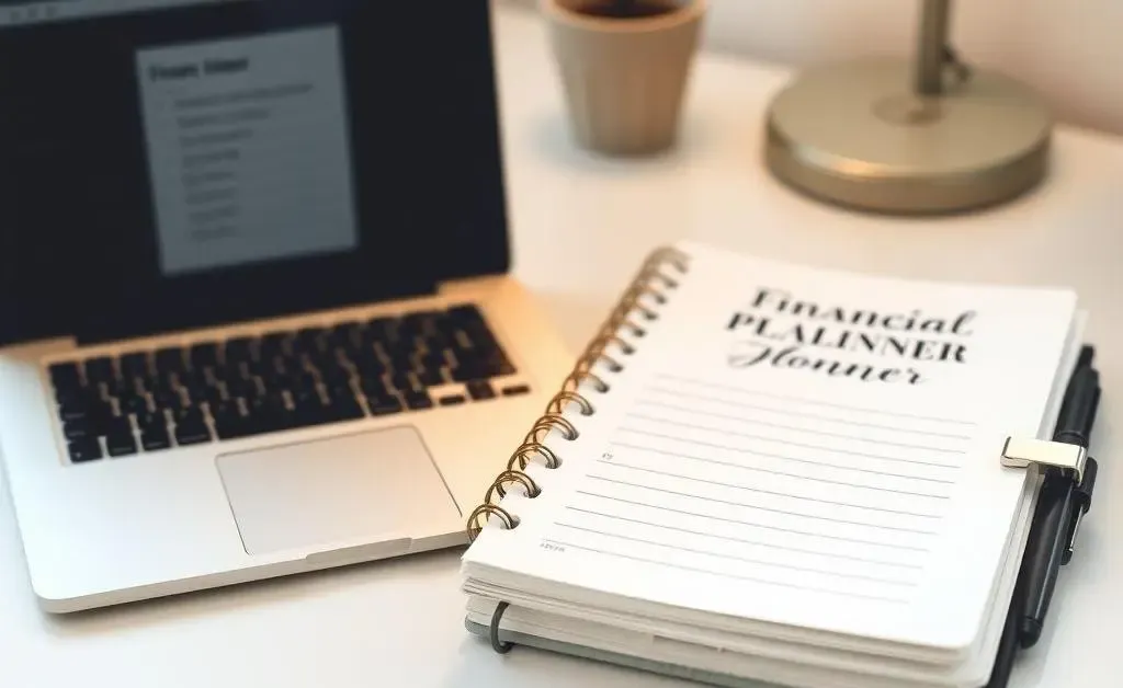 Cozy desk setup with a laptop and a financial planner notebook