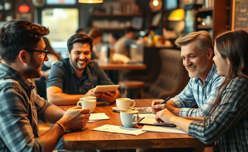 An image showing friends having coffee and discussing finances at a table