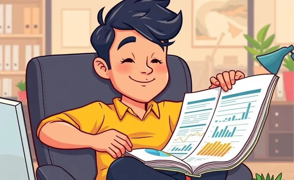 A person looking at a financial report with a relaxed expression.