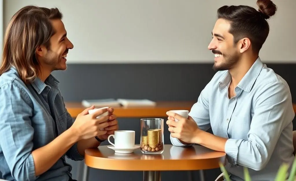 Two friends having a relaxed conversation over coffee about financial investments
